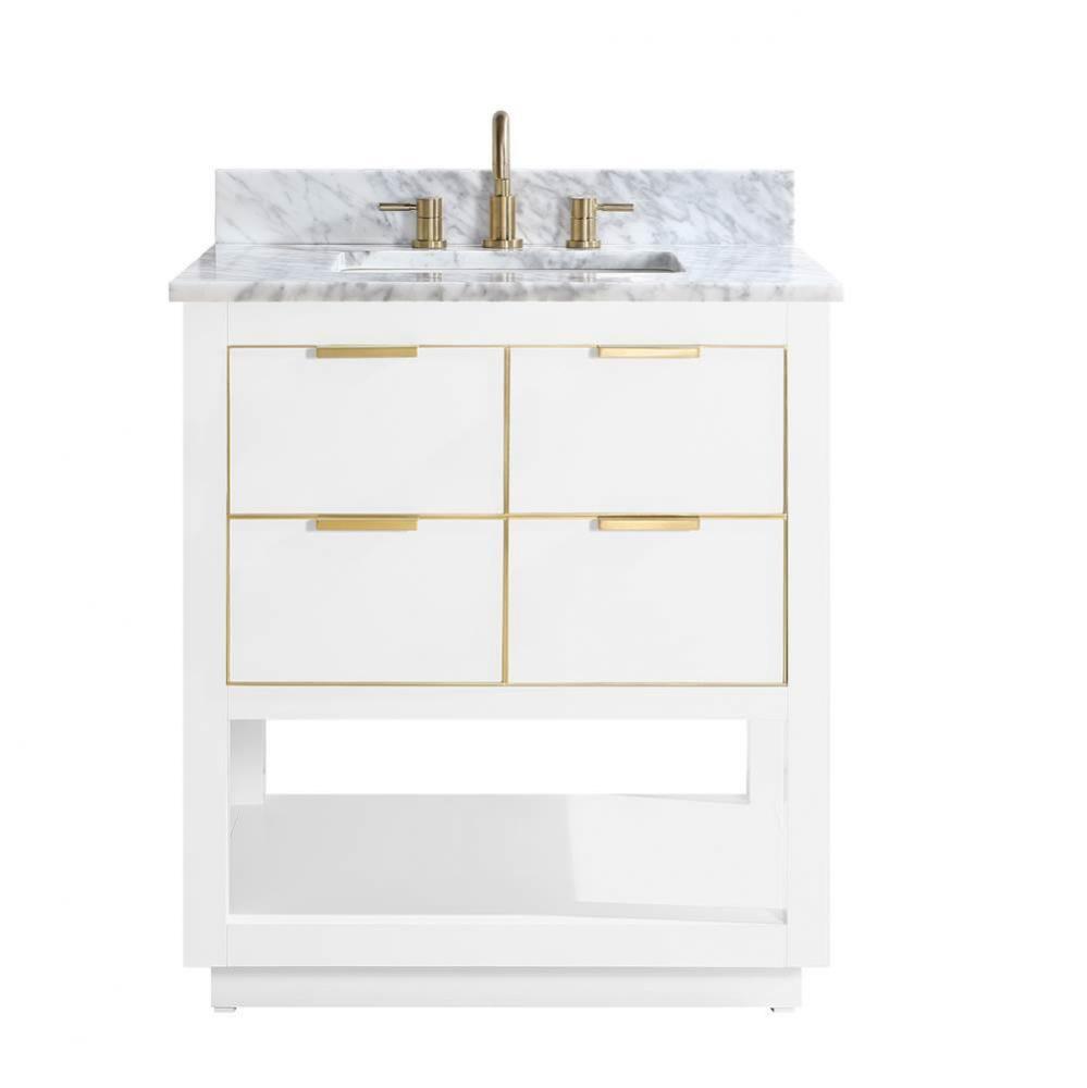 Avanity Allie 31 in. Vanity Combo in White with Gold Trim and Carrara White Marble Top