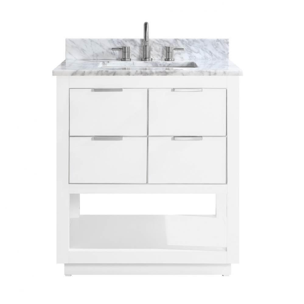 Avanity Allie 31 in. Vanity Combo in White with Silver Trim and Carrara White Marble Top