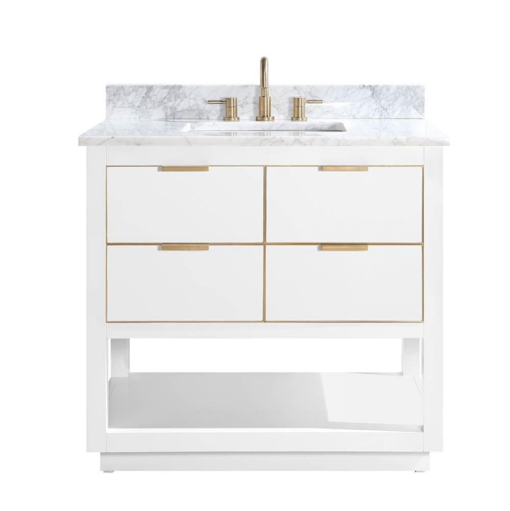 Avanity Allie 37 in. Vanity Combo in White with Gold Trim and Carrara White Marble Top