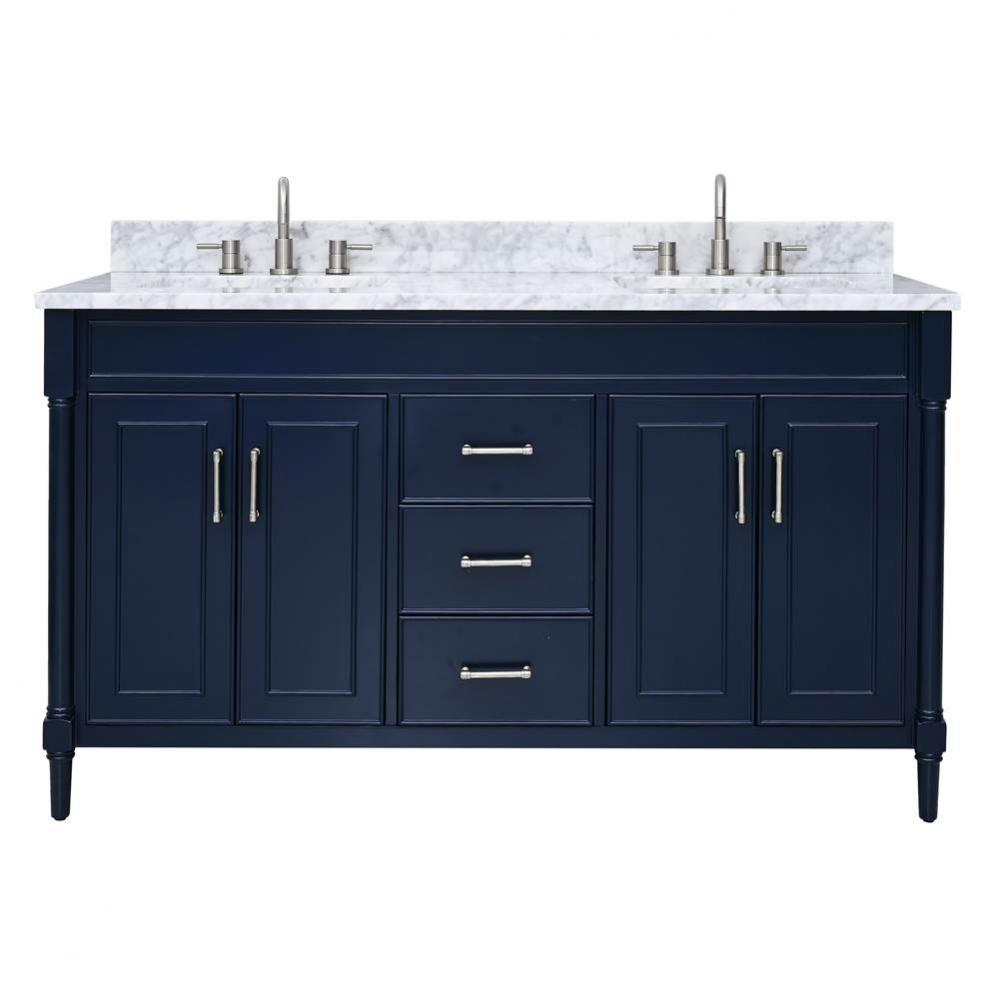 Avanity Bristol 61 in. Vanity Combo in Navy Blue and Carrara White Marble Top