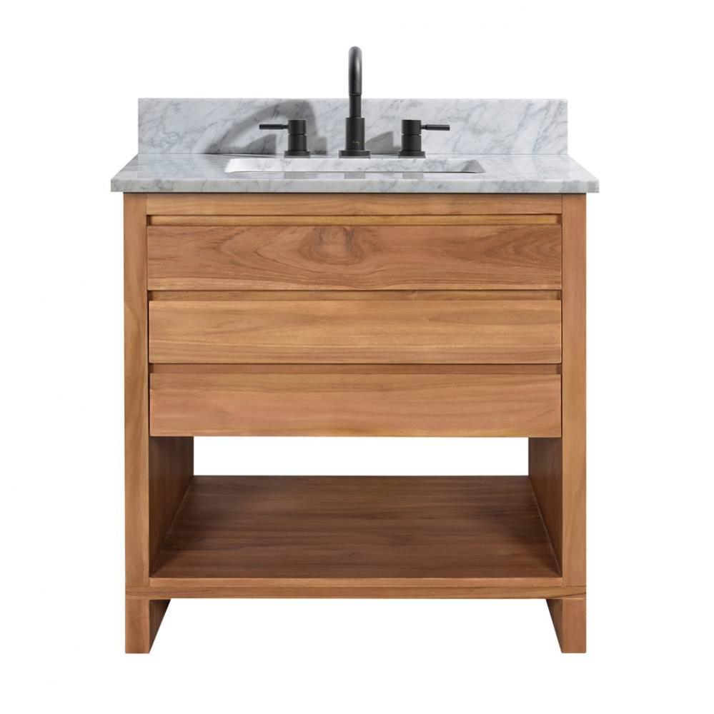 Avanity Kai 31 in. Vanity in Natural Teak with Carrara White Marble Top