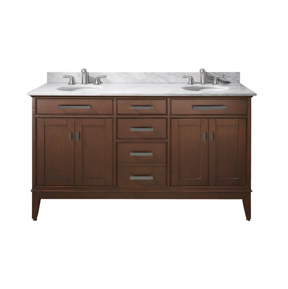 Avanity Madison 61 in. Double Vanity in Tobacco finish with Carrara White Marble Top