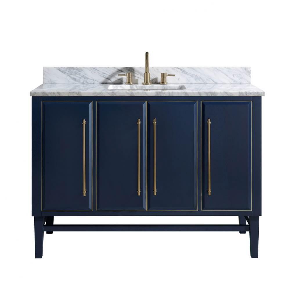 Avanity Mason 49 in. Vanity Combo in Navy Blue with Gold Trim and Carrara White Marble Top