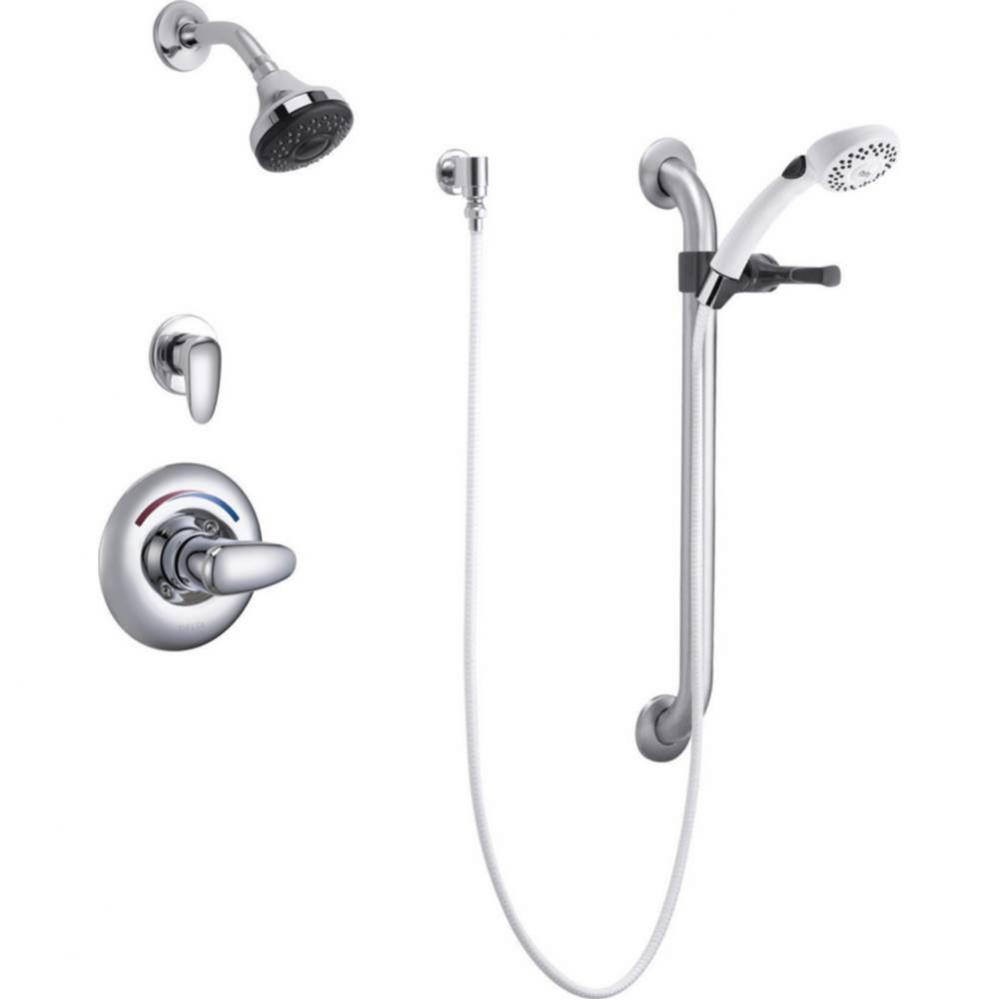 Commercial T13H: Universal Dual Shower Trim, Diverter, Hand Shower, and Grab Bar