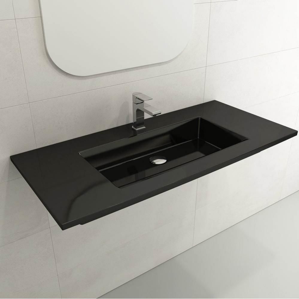 Ravenna Wall-Mounted Sink Fireclay 40.5 in. 1-Hole with Overflow in Black