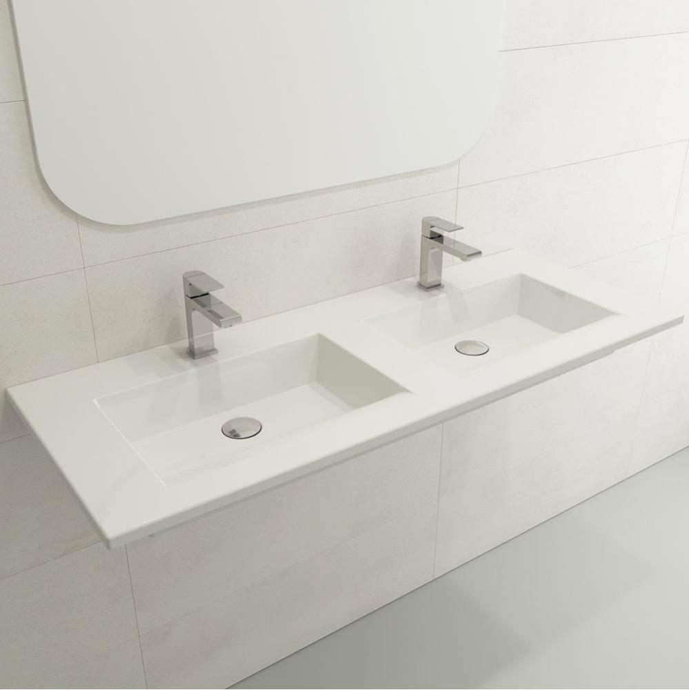 Ravenna Wall-Mounted Sink Fireclay 48 in. Double Bowl for Two 1-Hole Faucets with Overflows in Whi