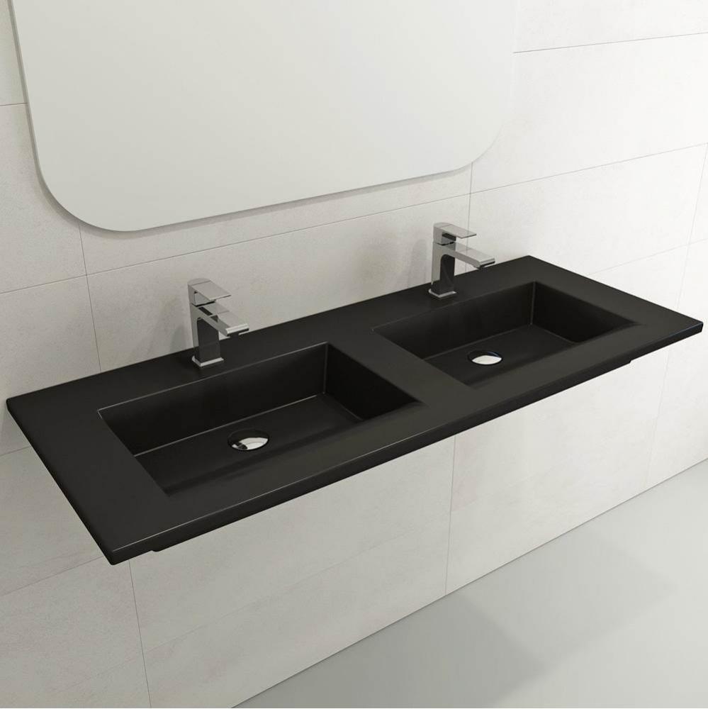 Ravenna Wall-Mounted Sink Fireclay 48 in. Double Bowl for Two 1-Hole Faucets with Overflows in Mat