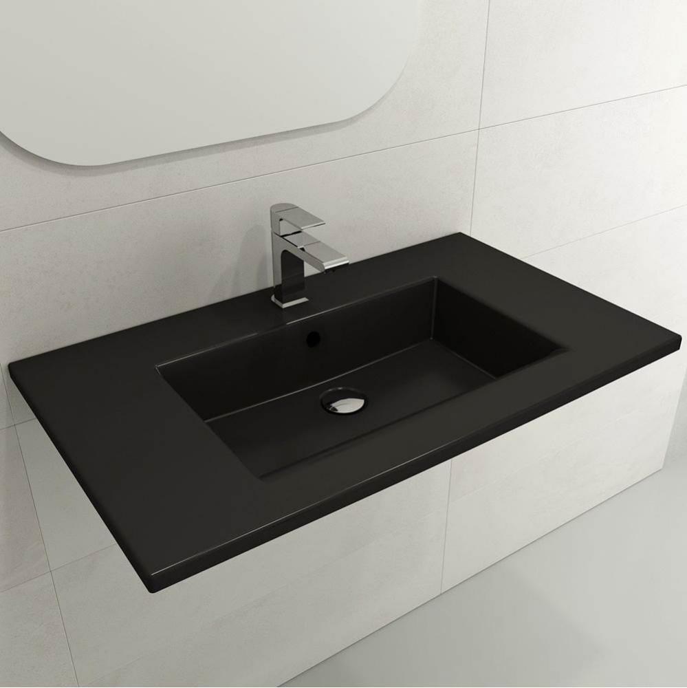 Ravenna Wall-Mounted Sink Fireclay 32.25 in. 3-Hole with Overflow in Matte Black