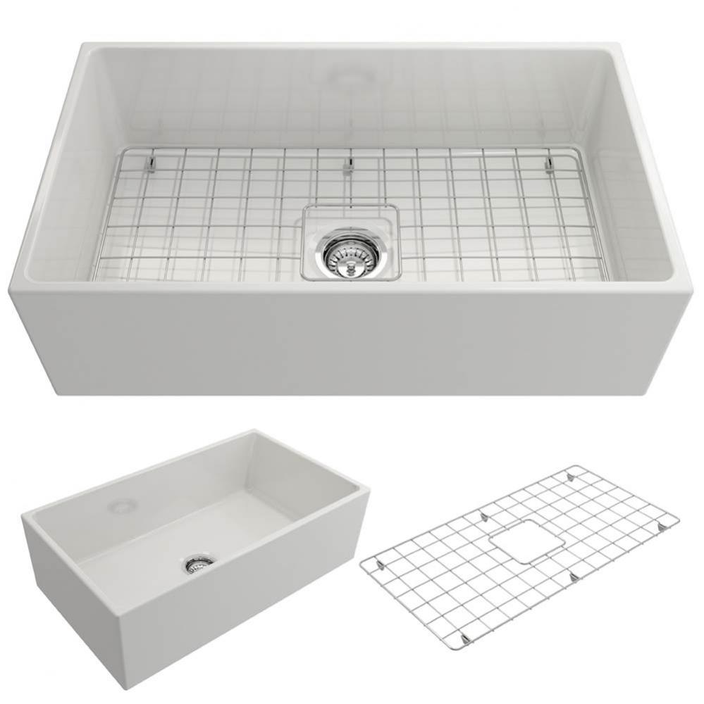 Contempo Apron Front Fireclay 33 in. Single Bowl Kitchen Sink with Protective Bottom Grid and Stra