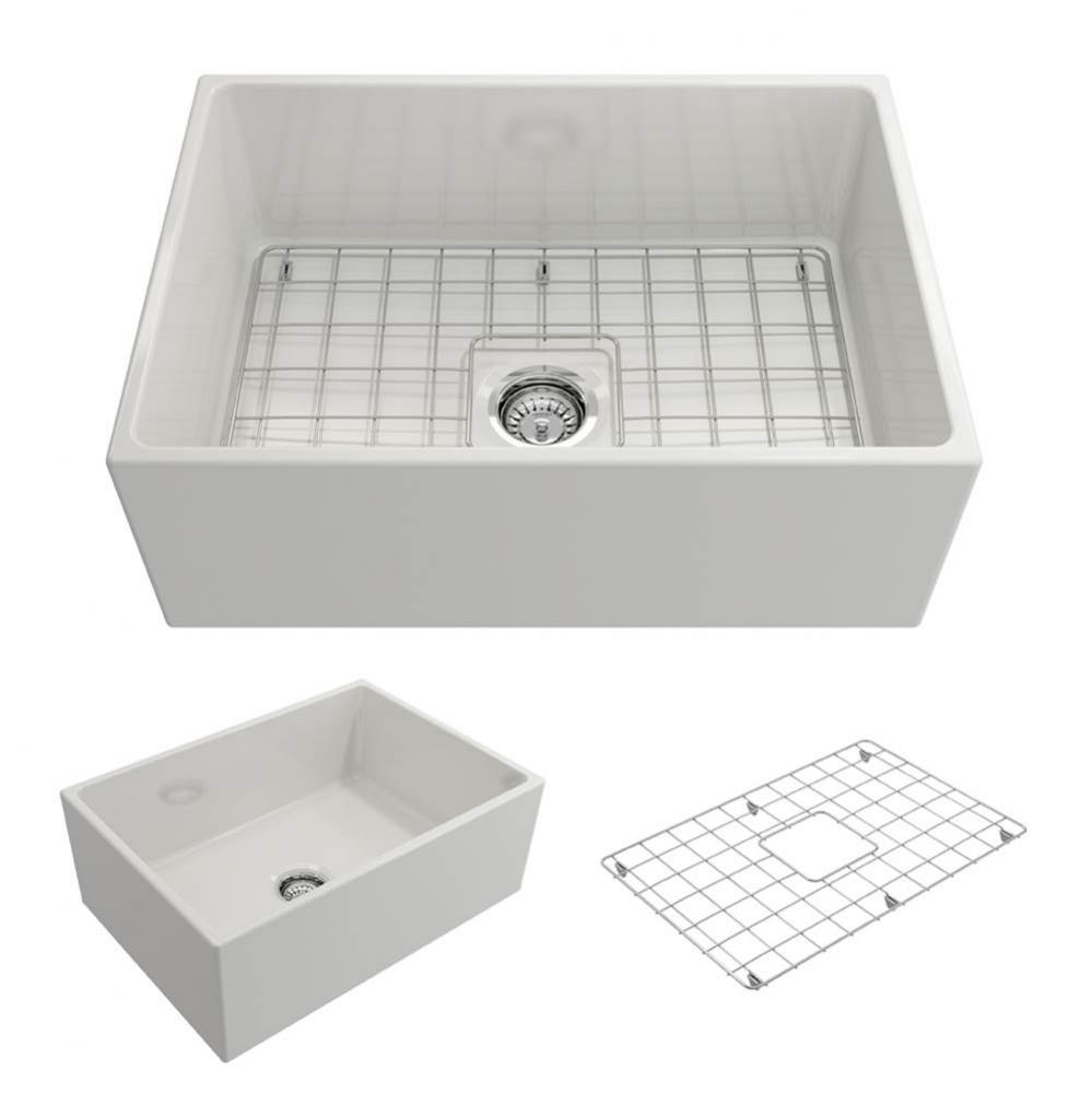 Contempo Apron Front Fireclay 27 in. Single Bowl Kitchen Sink with Protective Bottom Grid and Stra