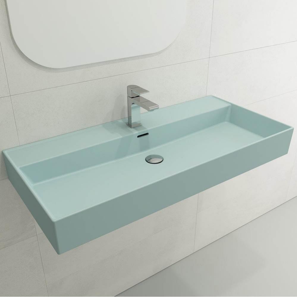 Milano Wall-Mounted Sink Fireclay 39.75 in. 1-Hole with Overflow in Matte Ice Blue