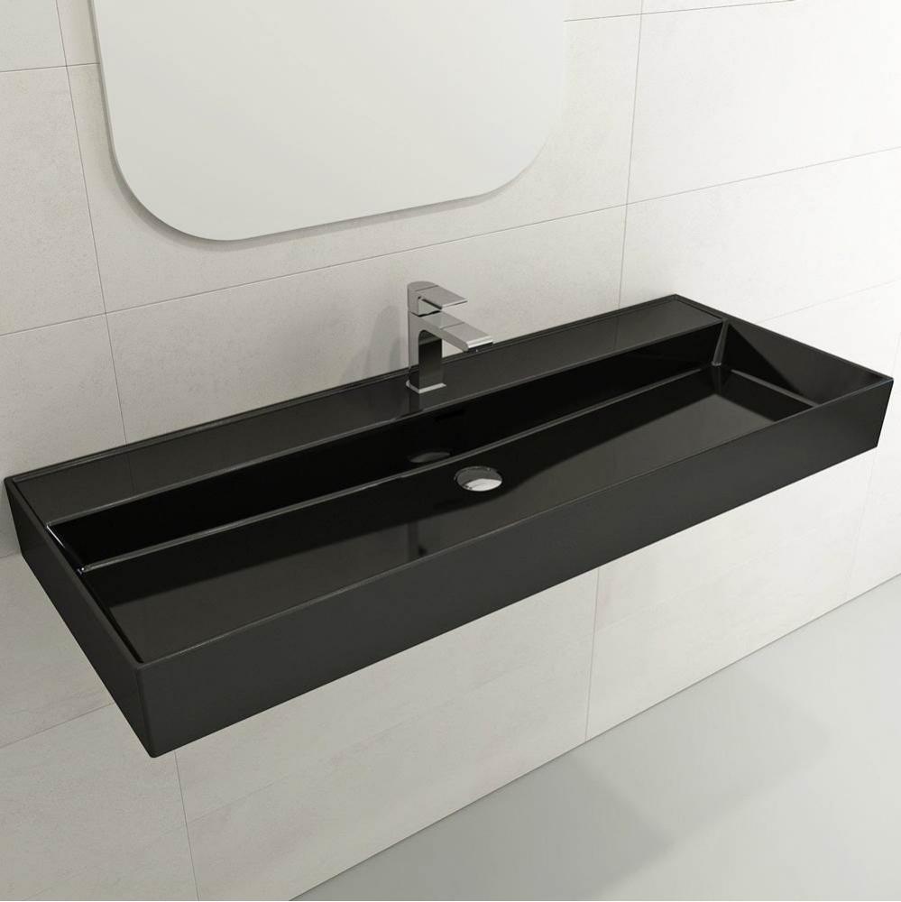 Milano Wall-Mounted Sink Fireclay 47.75 in. 1-Hole with Overflow in Black