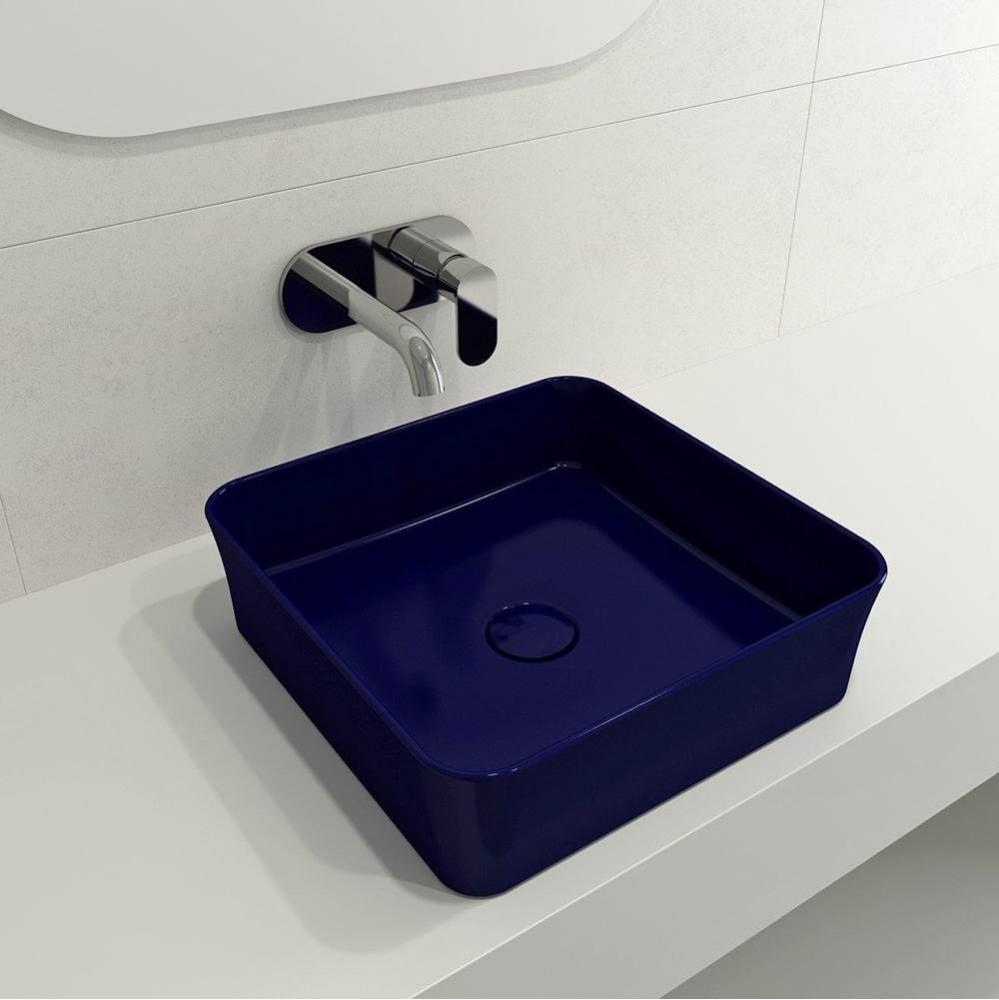 Sottile Square Vessel Fireclay 15.25 in. with Matching Drain Cover in Sapphire Blue