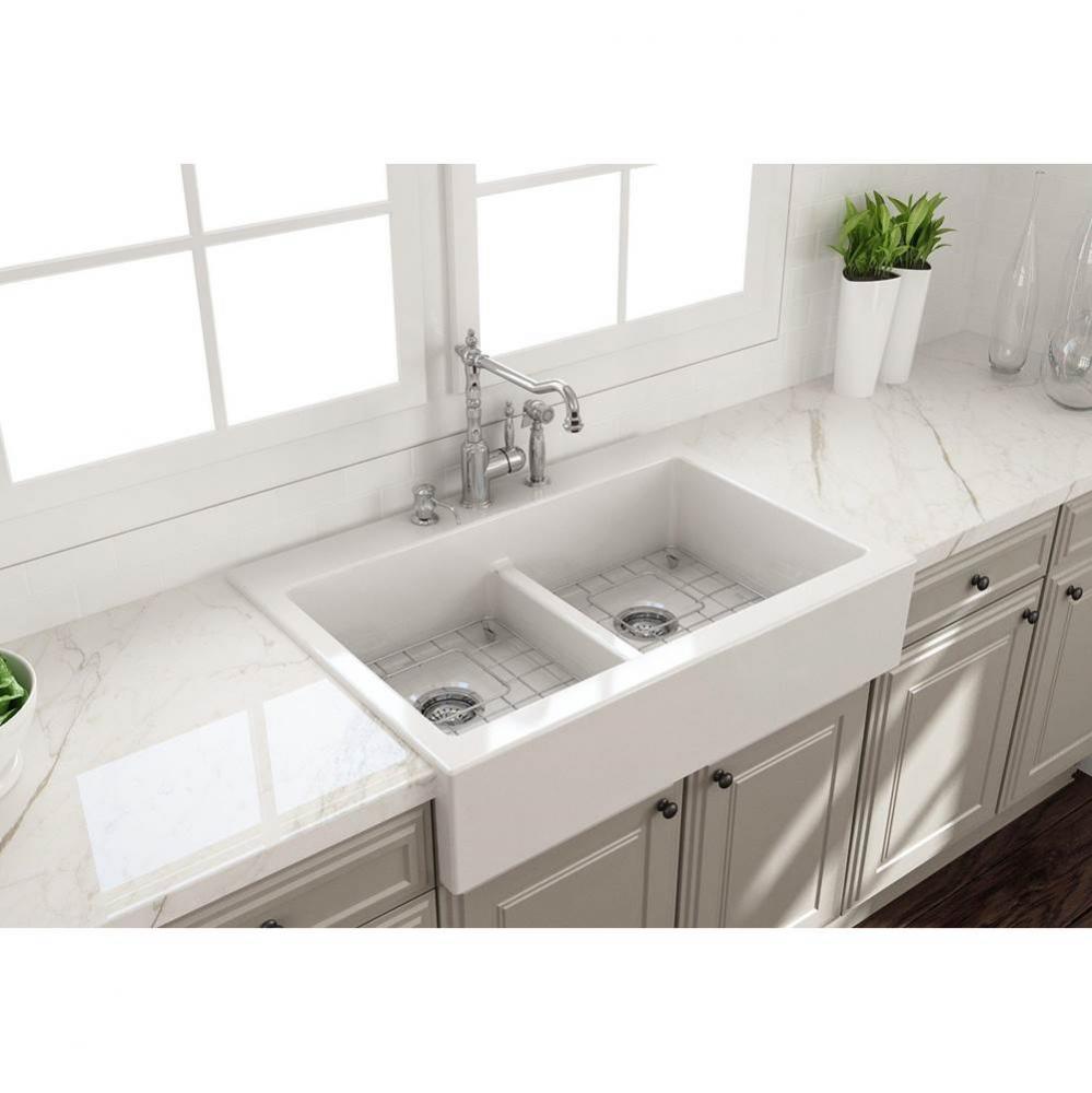 Nuova Apron Front Drop-In Fireclay 34 in. 50/50 Double Bowl Kitchen Sink with Protective Bottom Gr