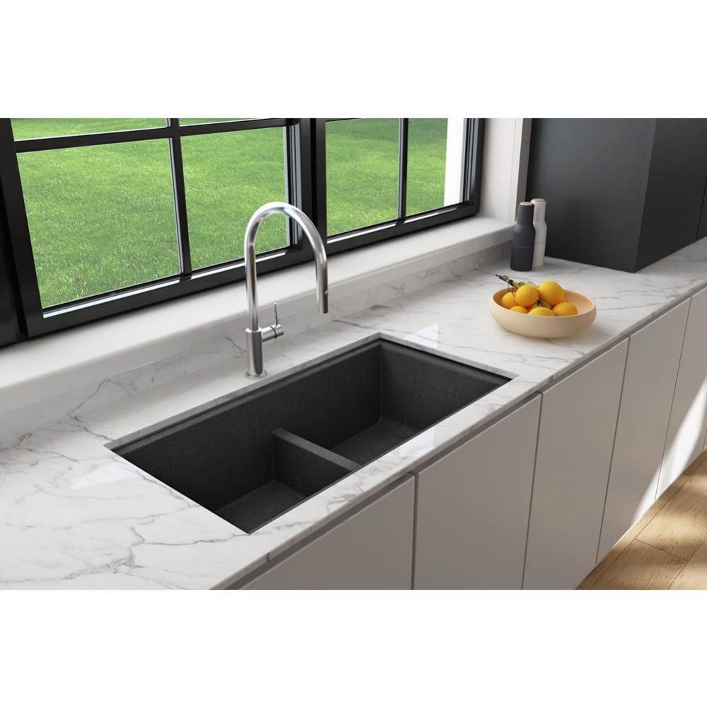 Baveno Lux Undermount 33&apos;&apos;. Double Bowl Granite Composite Kitchen Sink with Integrated W