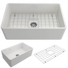 BOCCHI 1138-001-0120 - Classico Farmhouse Apron Front Fireclay 30 in. Single Bowl Kitchen Sink with Protective Bottom Gri