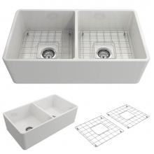 BOCCHI 1139-001-0120 - Classico Farmhouse Apron Front Fireclay 33 in. Double Bowl Kitchen Sink with Protective Bottom Gri