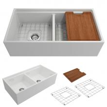 BOCCHI 1348-001-0120 - Contempo Step-Rim Apron Front Fireclay 36 in. Double Bowl Kitchen Sink with Integrated Work Statio