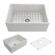 BOCCHI 1356-001-0120 - Contempo Apron Front Fireclay 27 in. Single Bowl Kitchen Sink with Protective Bottom Grid and Stra