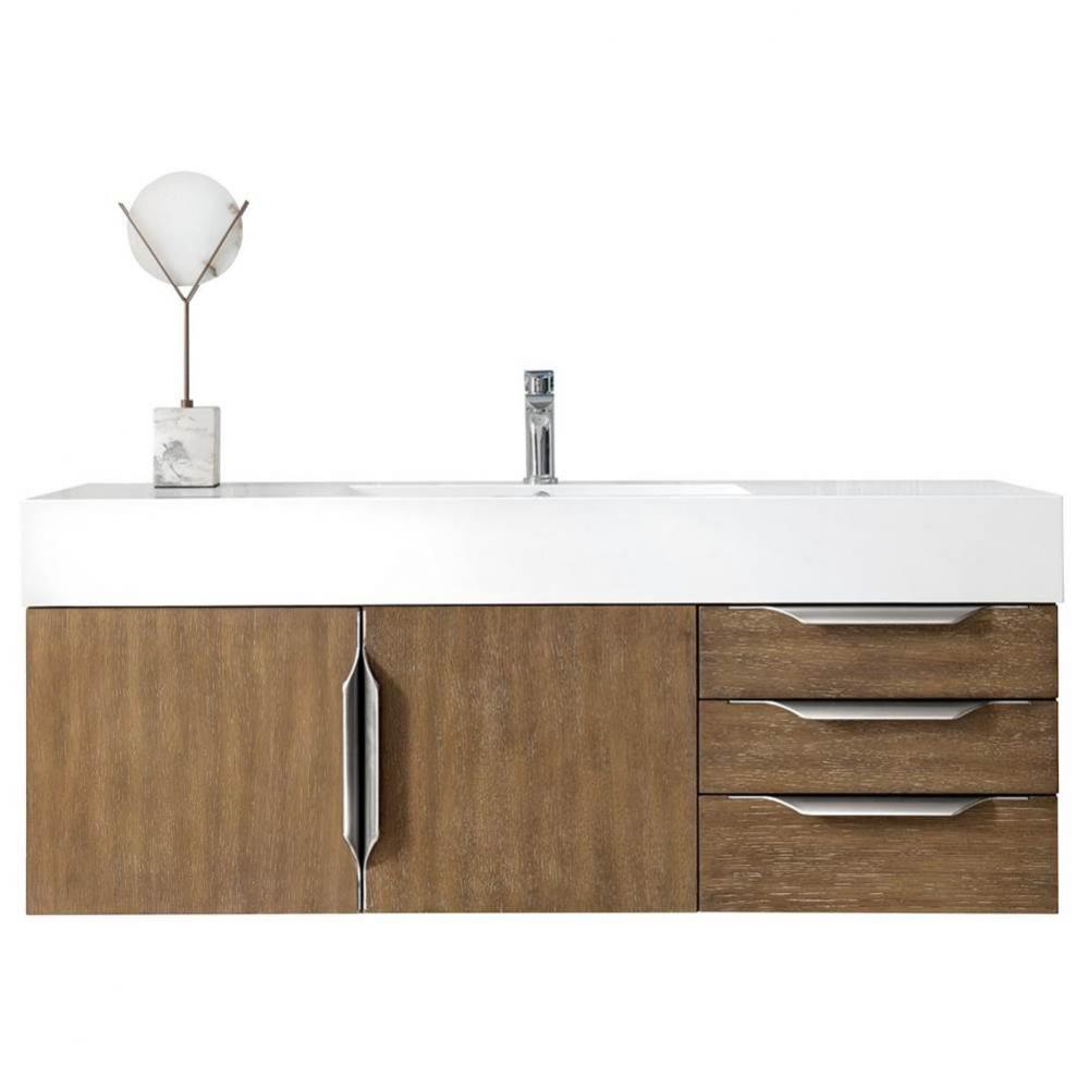 Columbia 48&apos;&apos; Single Wall Mount Vanity, Latte Oak, Brushed Nickel w/ Glossy White Compos