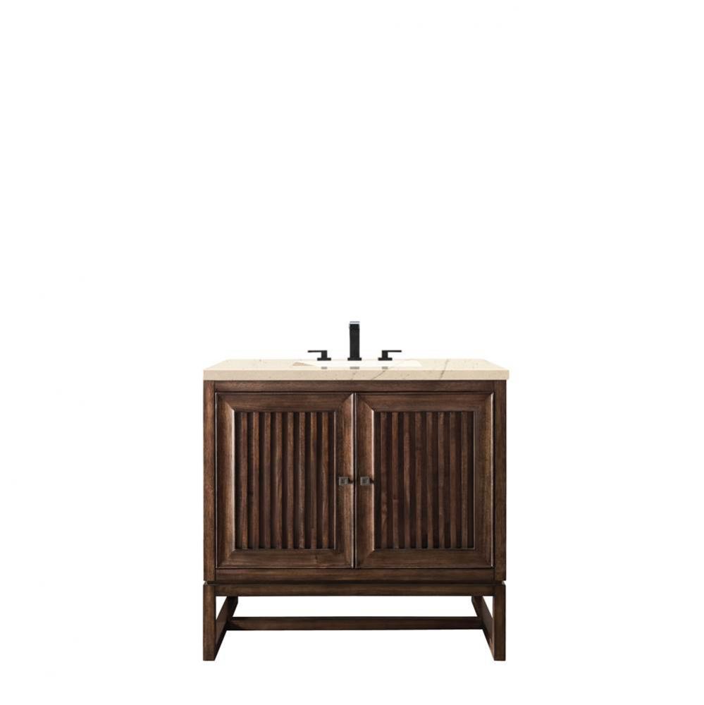 Athens 36&apos;&apos; Single Vanity Cabinet, Mid Century Acacia, w/ 3 CM Eternal Marfil Top