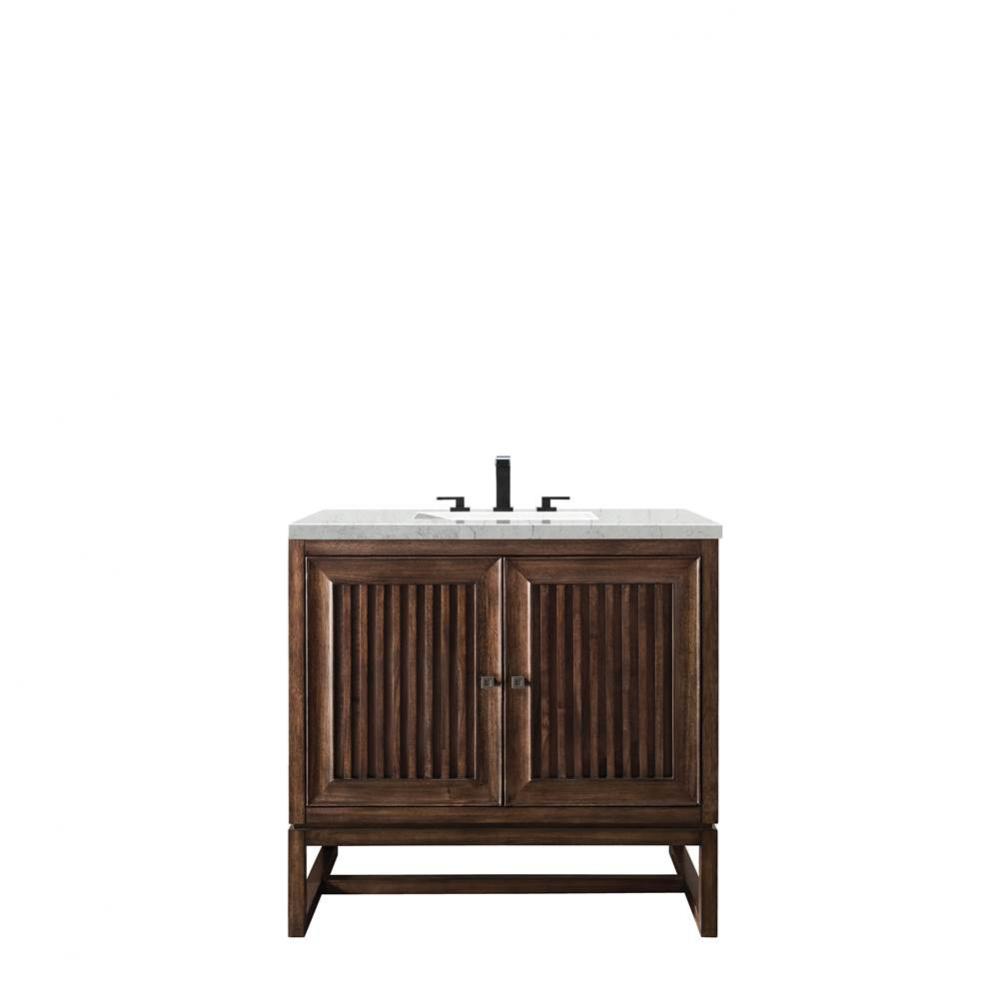 Athens 36&apos;&apos; Single Vanity Cabinet, Mid Century Acacia, w/ 3 CM Eternal Jasmine Pearl Qua