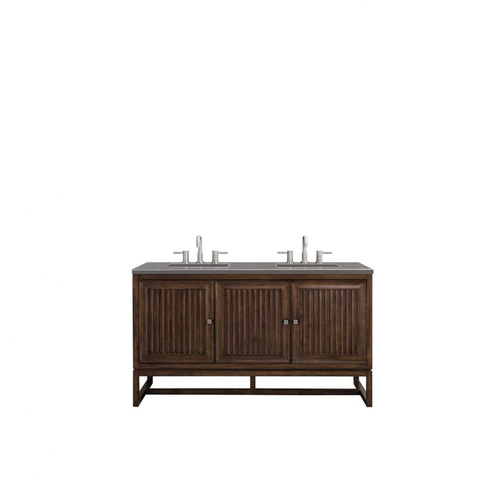 Athens 60&apos;&apos; Double Vanity Cabinet, Mid Century Acacia, w/ 3 CM Grey Expo Quartz Top