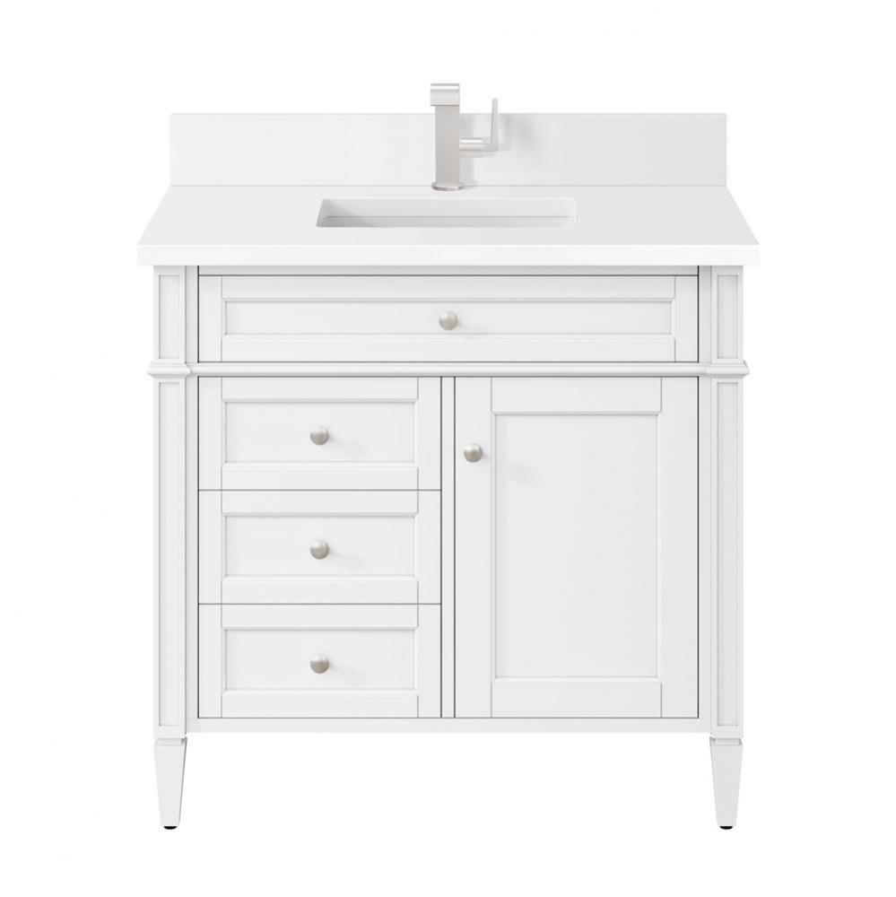 Brittany 36&apos;&apos; Single Vanity, Bright White w/ Single Hole 3 CM White Zeus Quartz Top &amp