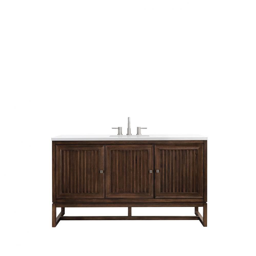 Athens 60&apos;&apos; Single Vanity Cabinet , Mid Century Acacia, w/ 3 CM Classic White Quartz Top