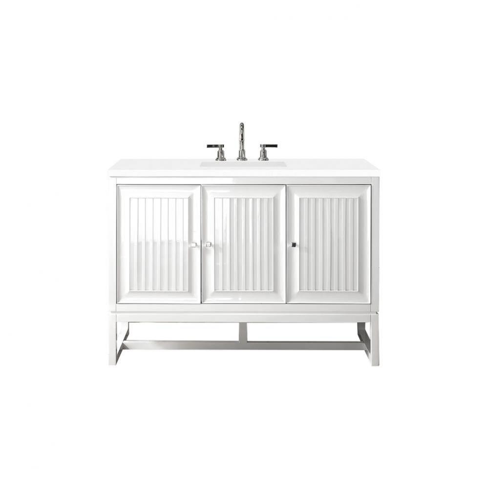Athens 48&apos;&apos; Single Vanity Cabinet, Glossy White, w/ 3 CM White Zeus Quartz Top