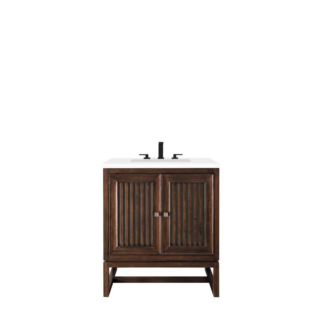 Athens 30&apos;&apos; Single Vanity Cabinet, Mid Century Acacia, w/ 3 CM Classic White Quartz Top