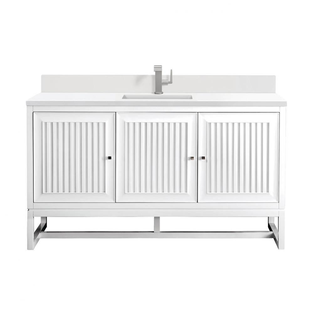 Athens 60&apos;&apos; Single Vanity, Glossy White w/ Single Hole 3 CM White Zeus Quartz Top &amp;