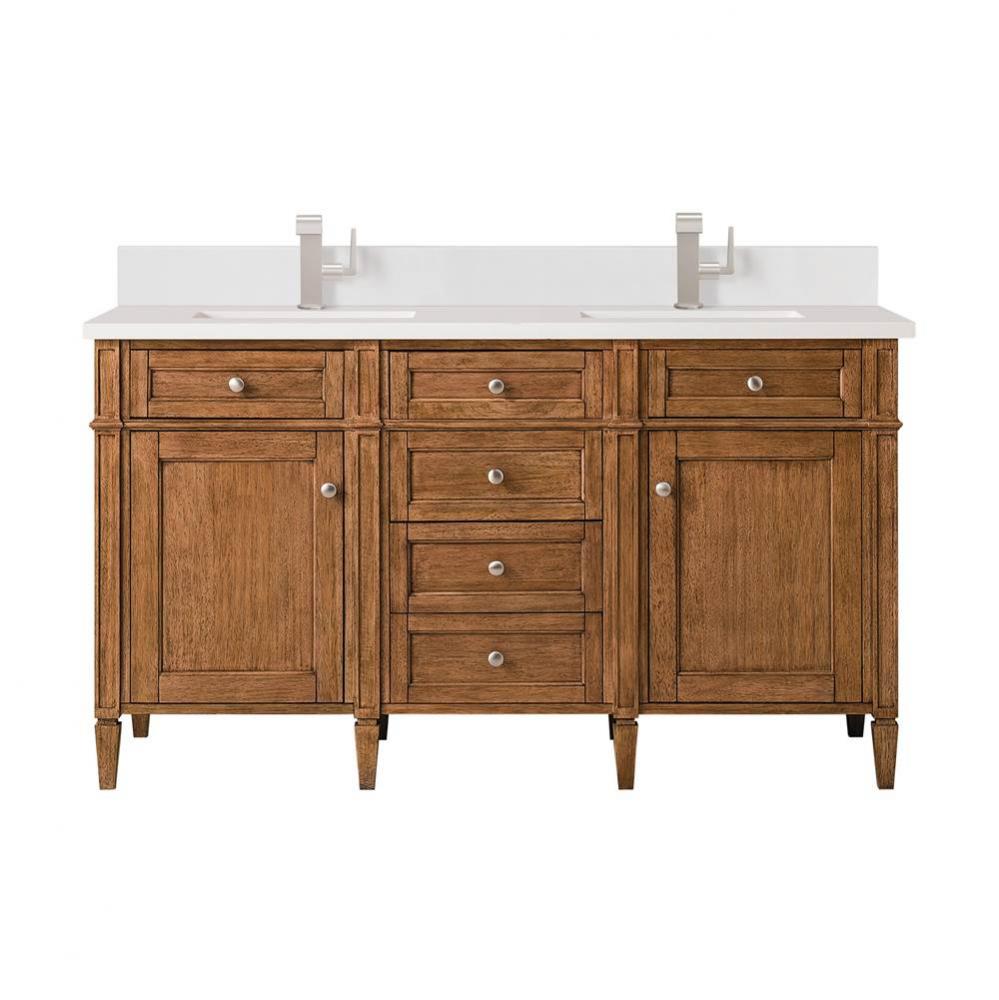 Brittany 60&apos;&apos; Double Vanity, Saddle Brown w/ Single Hole 3 CM White Zeus Quartz Top &amp