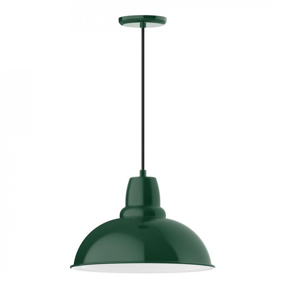 16&#34; Cafe shade, LED Pendant with white and gray dot fabric cord and canopy, Forest Green