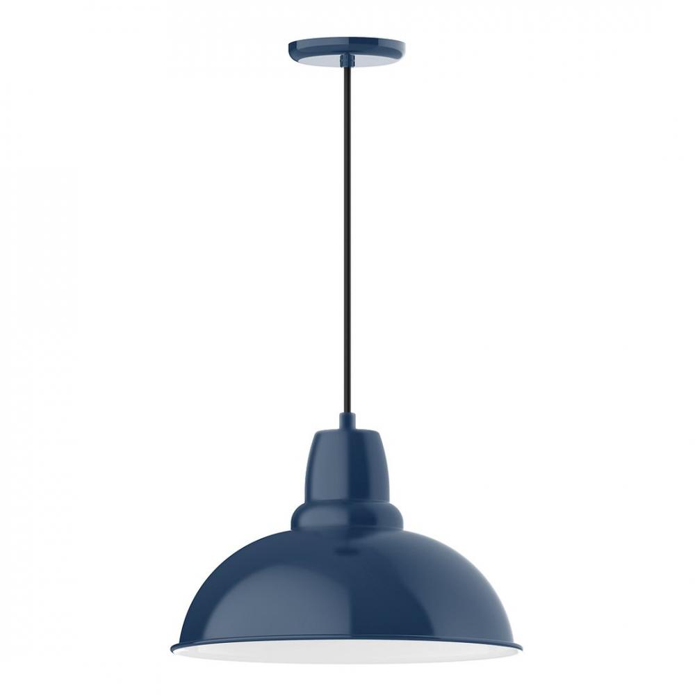 16&#34; Cafe shade, LED Pendant with neutral argyle fabric cord and canopy, Navy