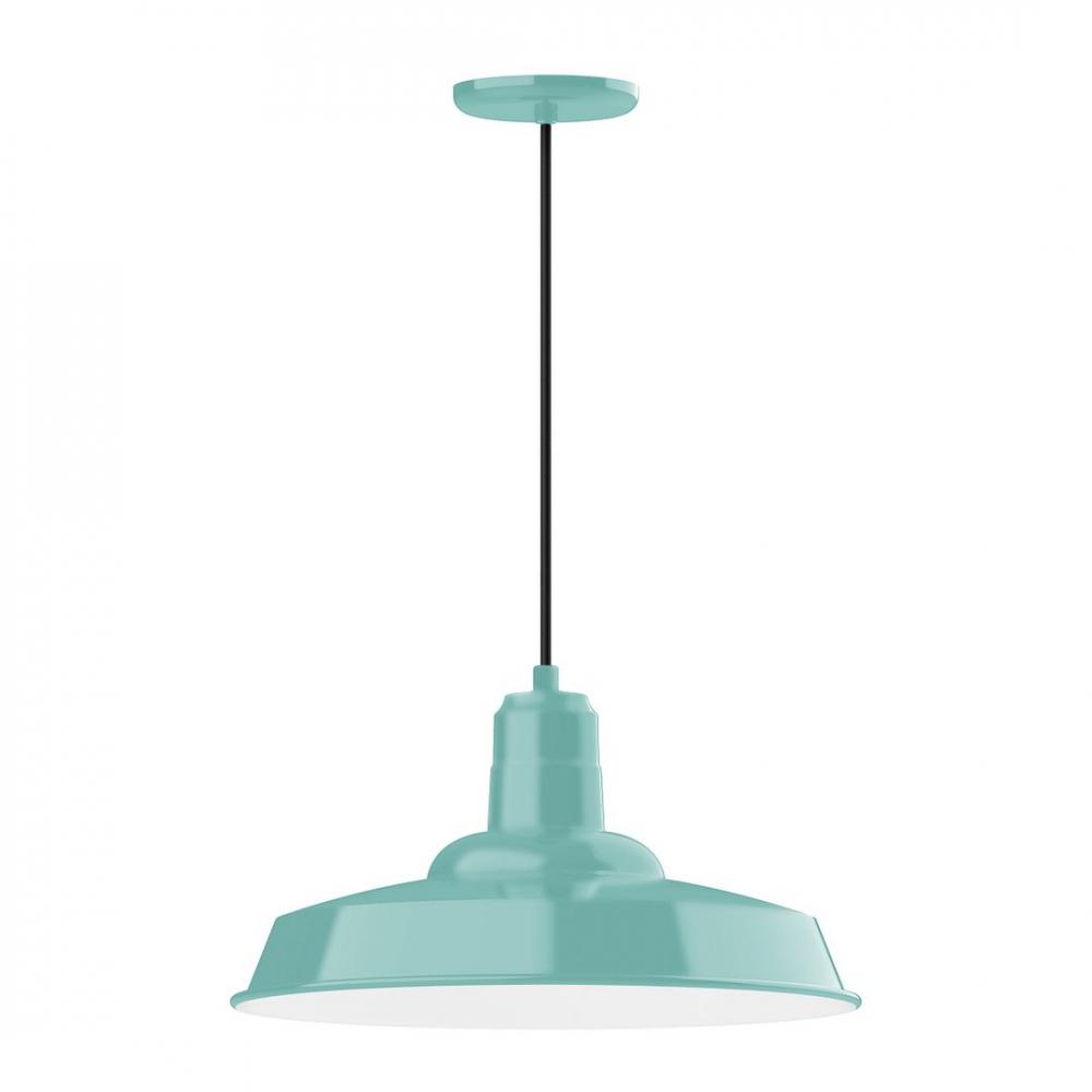 18&#34; Warehouse shade, LED Pendant with navy mini tweed fabric cord and canopy, Sea Green