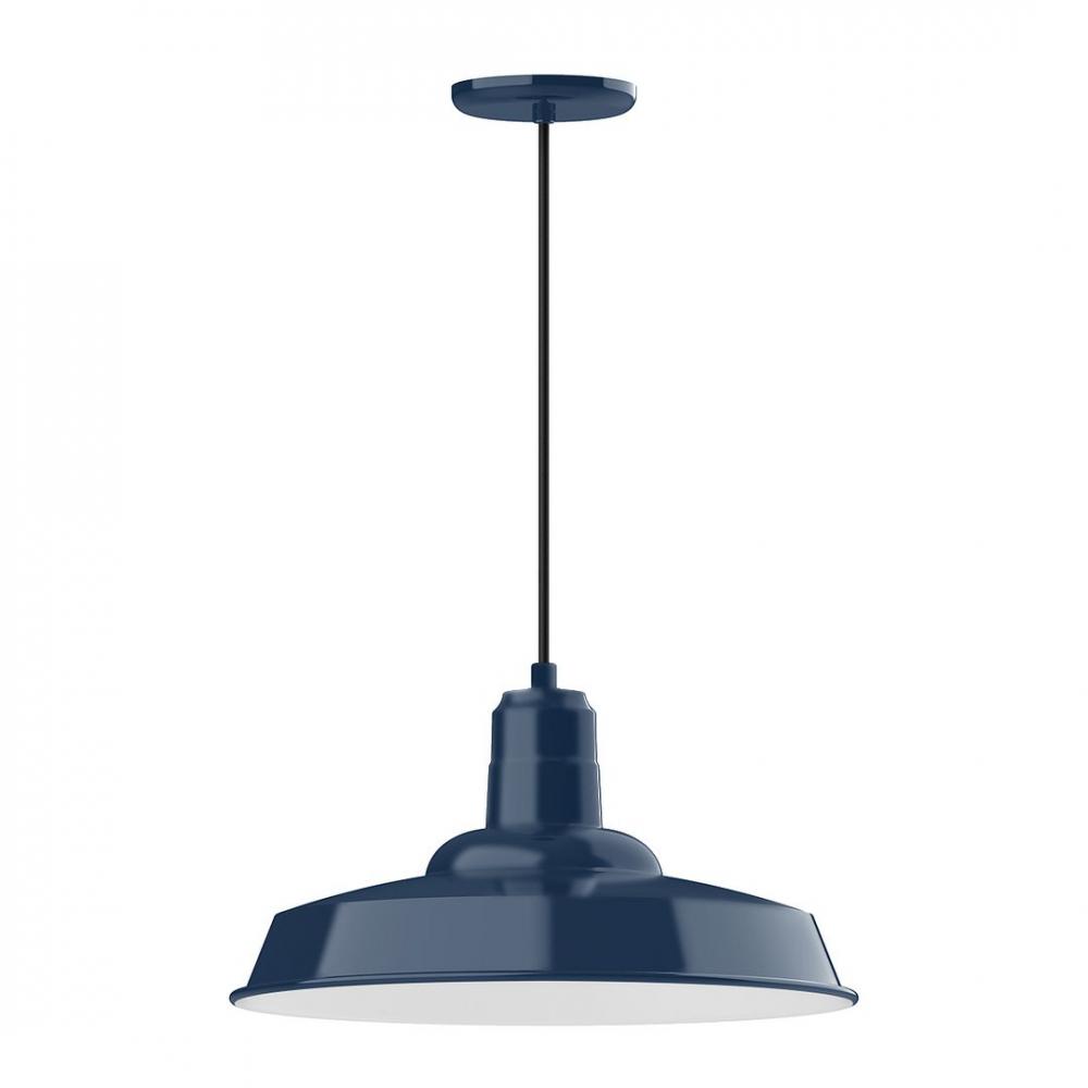 18&#34; Warehouse shade, LED Pendant with white solid fabric cord and canopy, Navy