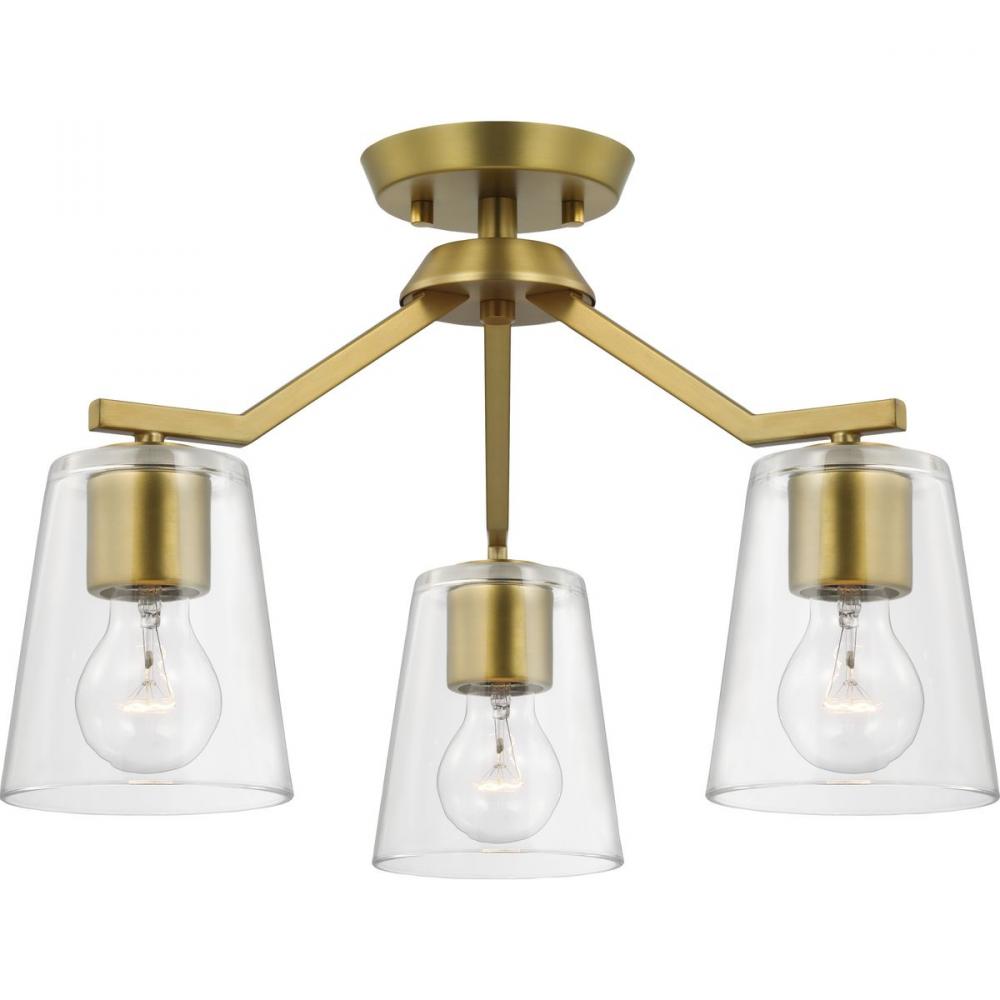 Vertex Collection Three-Light Brushed Gold Clear Glass Contemporary  Convertible Chandelier