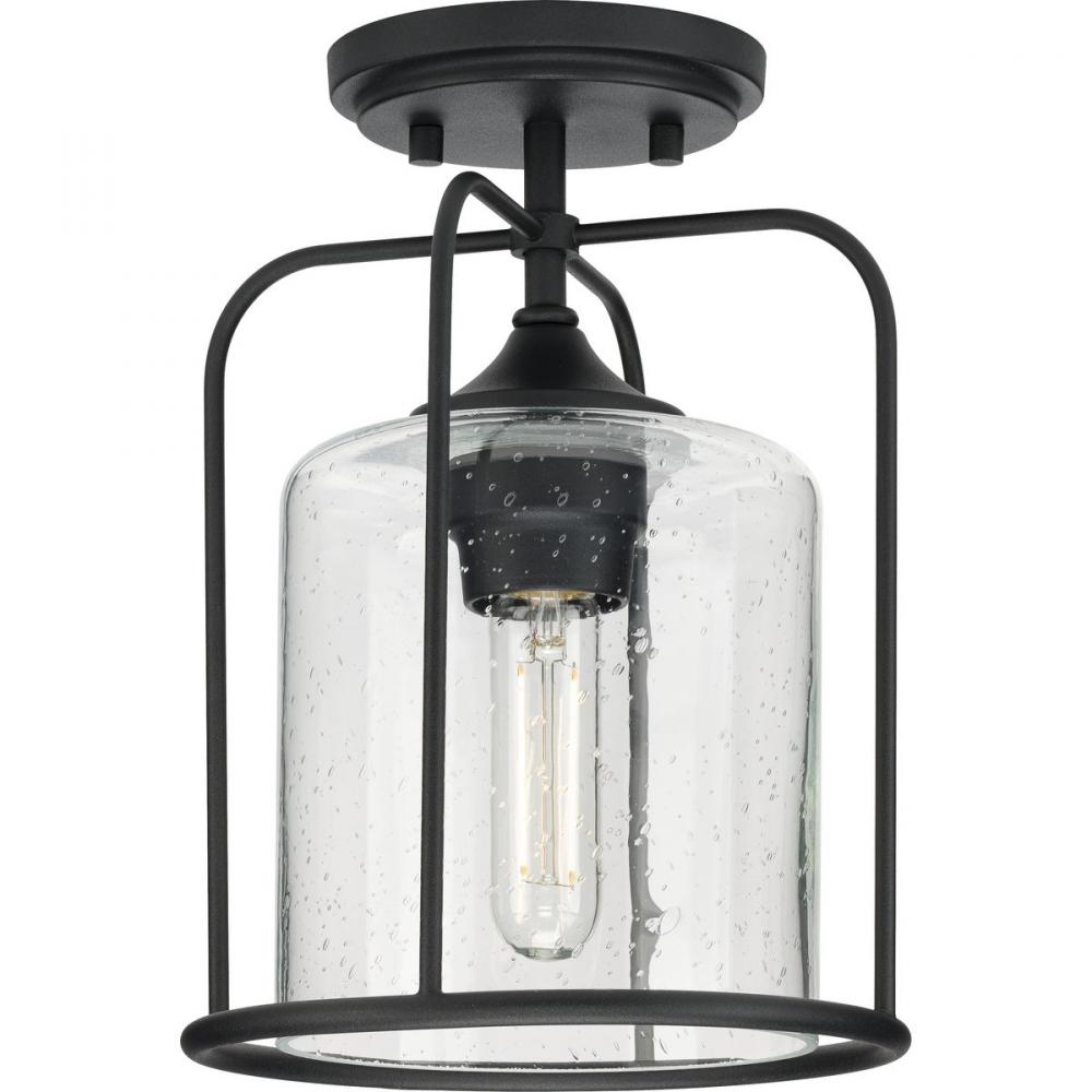 Watch Hill Collection One-Light Textured Black Clear Seeded Glass Farmhouse Semi-Flush Light