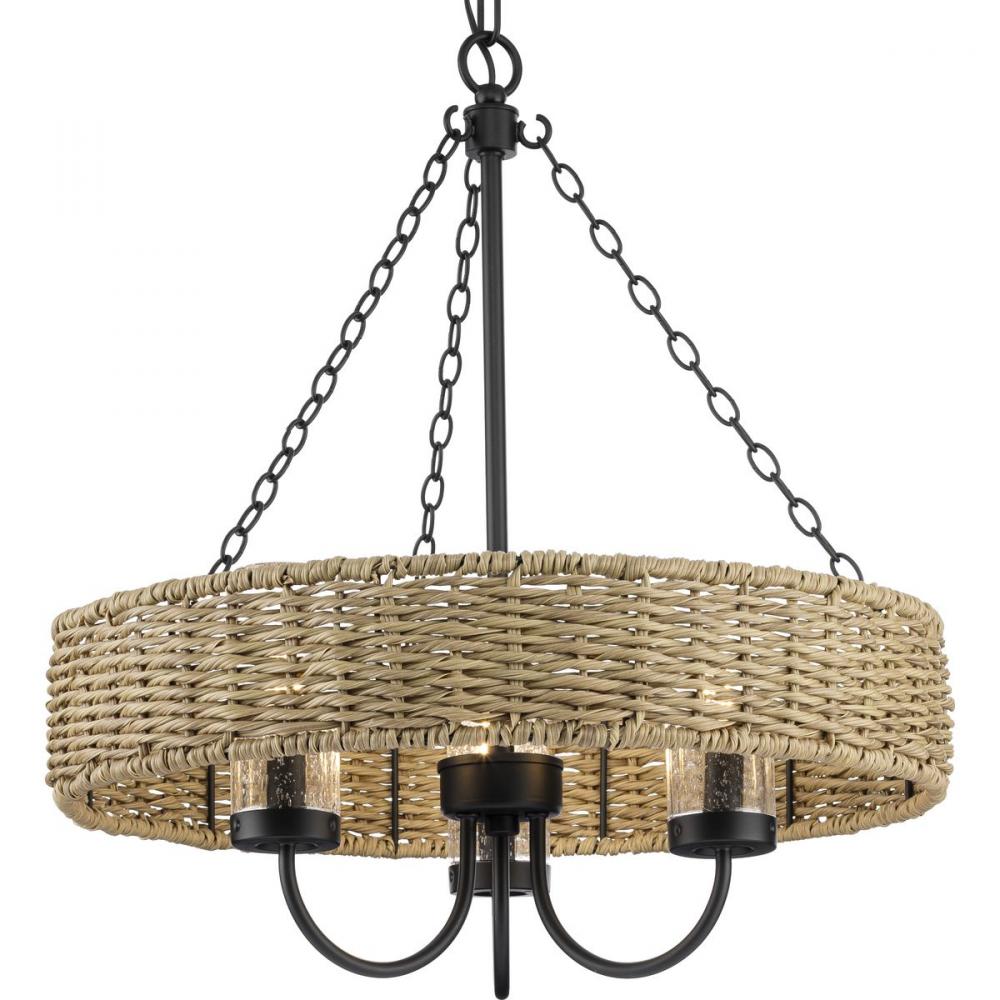 Pembroke Collection Three-Light 21.5&#34; Matte Black Coastal Outdoor Pendant with Mocha Rattan Acce