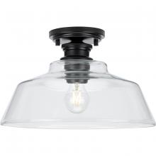 Progress P350227-31M - Singleton Collection One-Light 14" Matte Black Farmhouse Medium Semi-Flush Mount Light with Clea