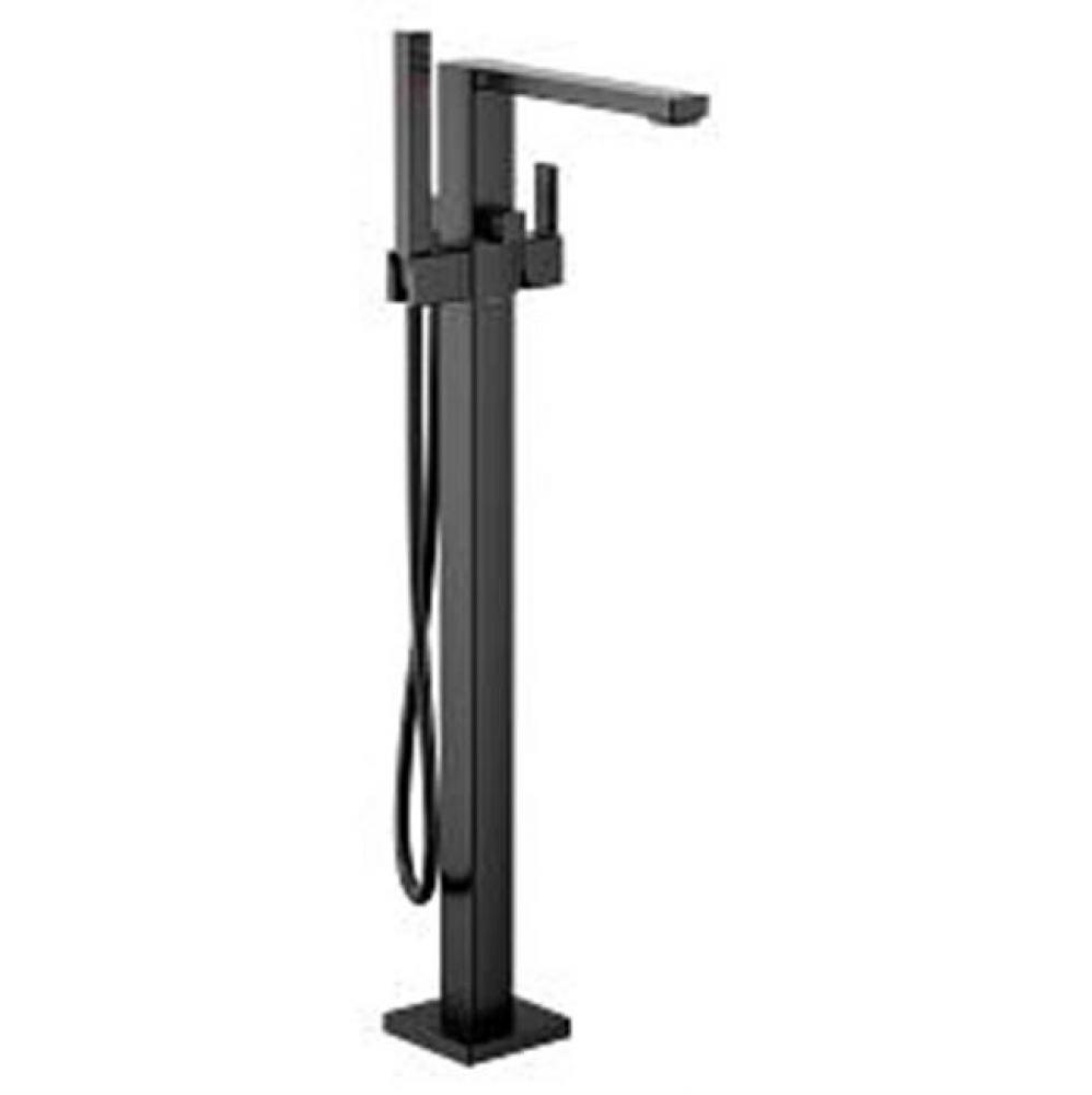 Matte black one-handle tub filler includes hand shower