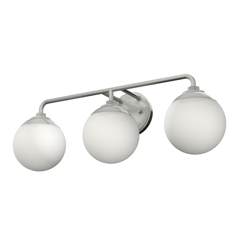 Hunter Hepburn Brushed Nickel with Cased White Glass 3 Light Bathroom Vanity Wall Light Fixture