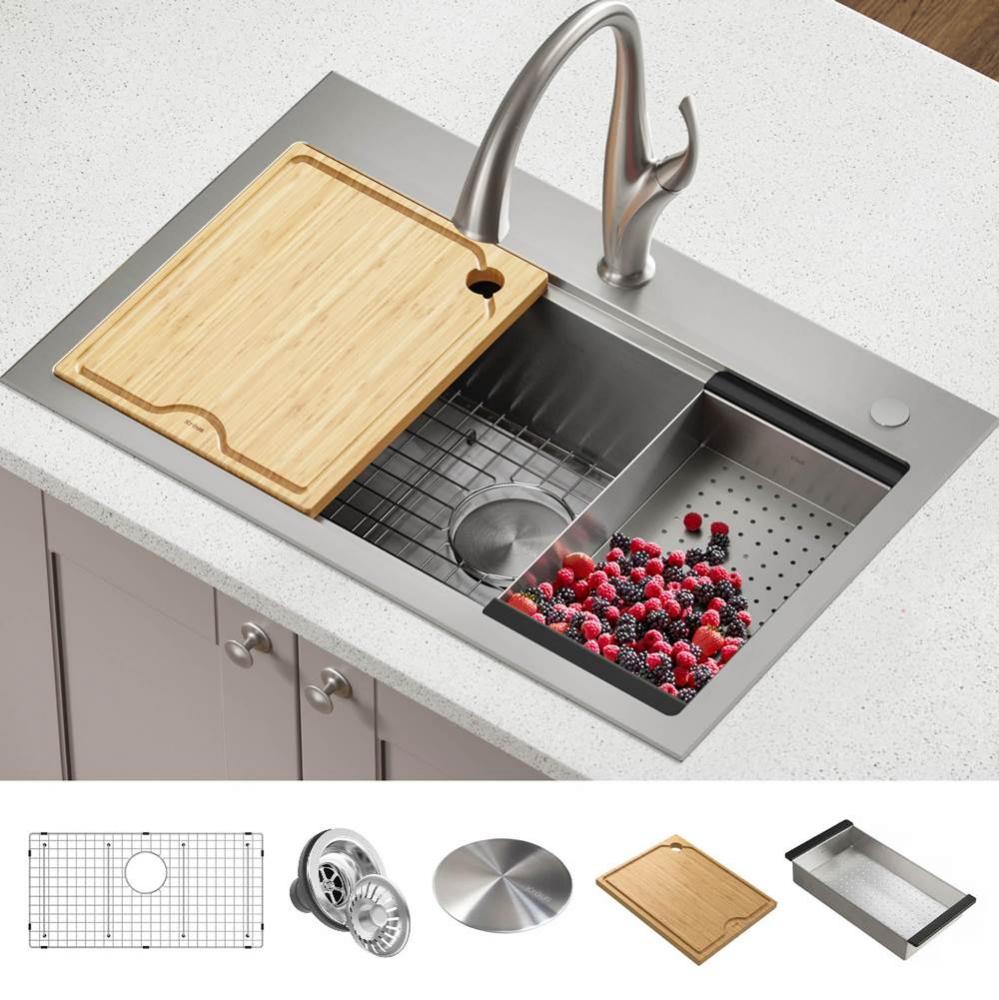 Kore Workstation 32-inch Drop-In Single Bowl Stainless Steel Kitchen Sink with Accessories (Pack o