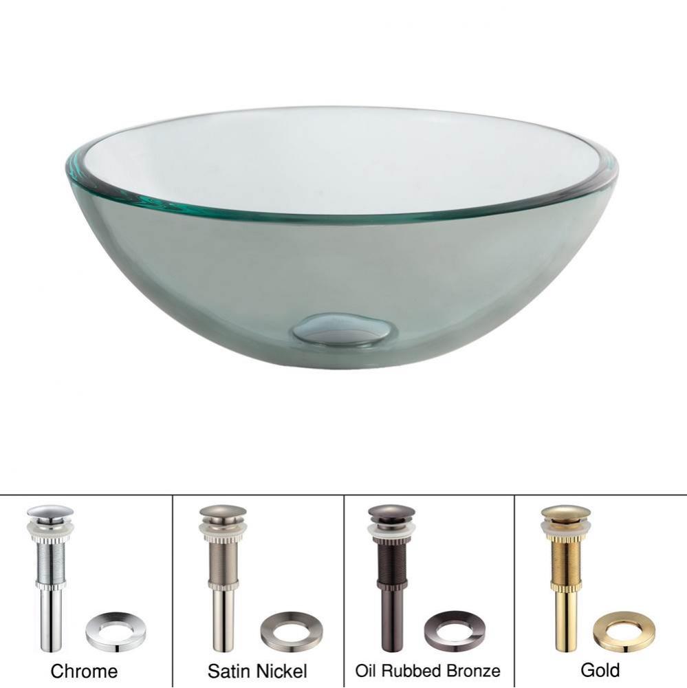 KRAUS 14 Inch Glass Vessel Sink in Clear with Pop-Up Drain and Mounting Ring in Chrome