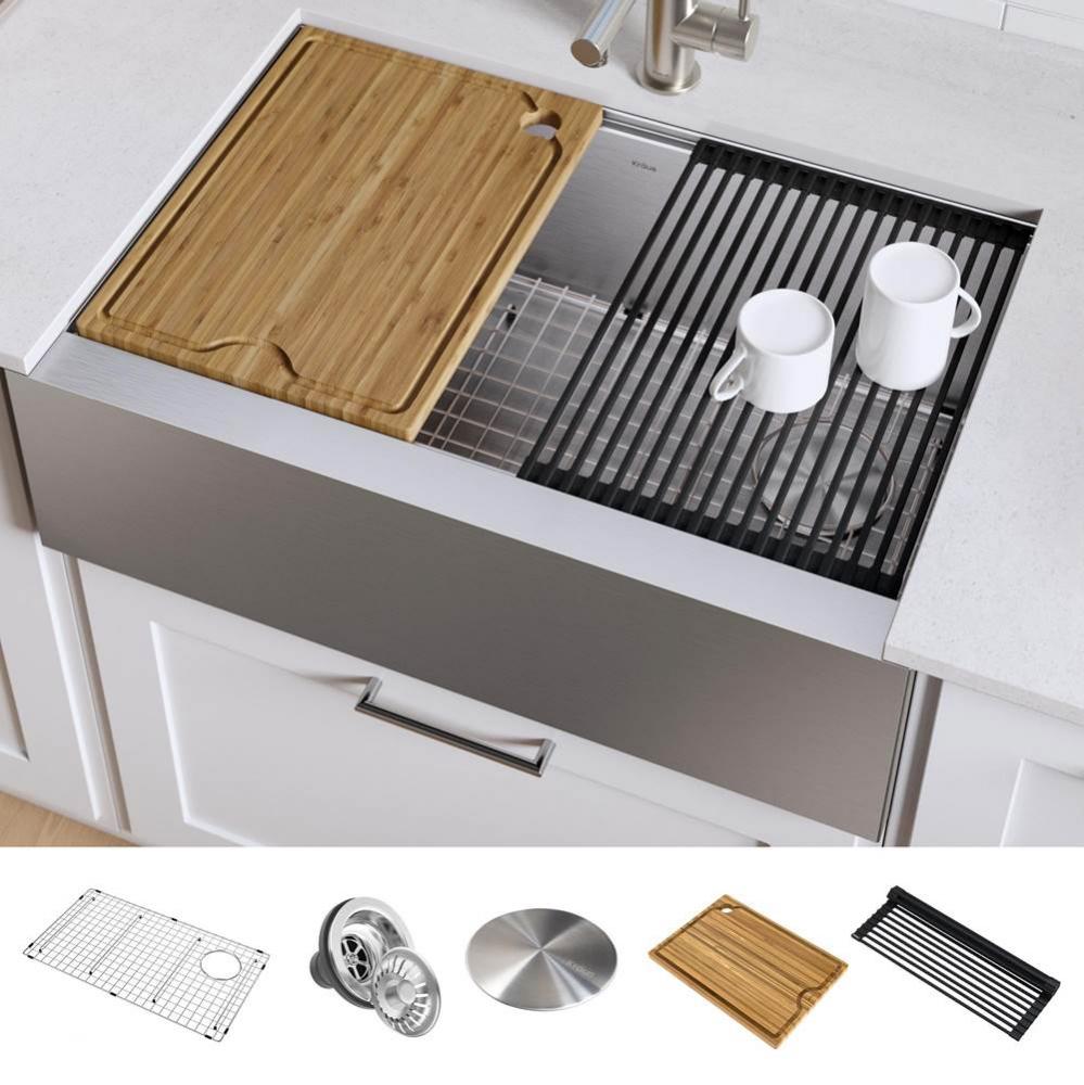 Kore Workstation 33-inch Farmhouse Flat Apron Front 16 Gauge Single Bowl Stainless Steel Kitchen S