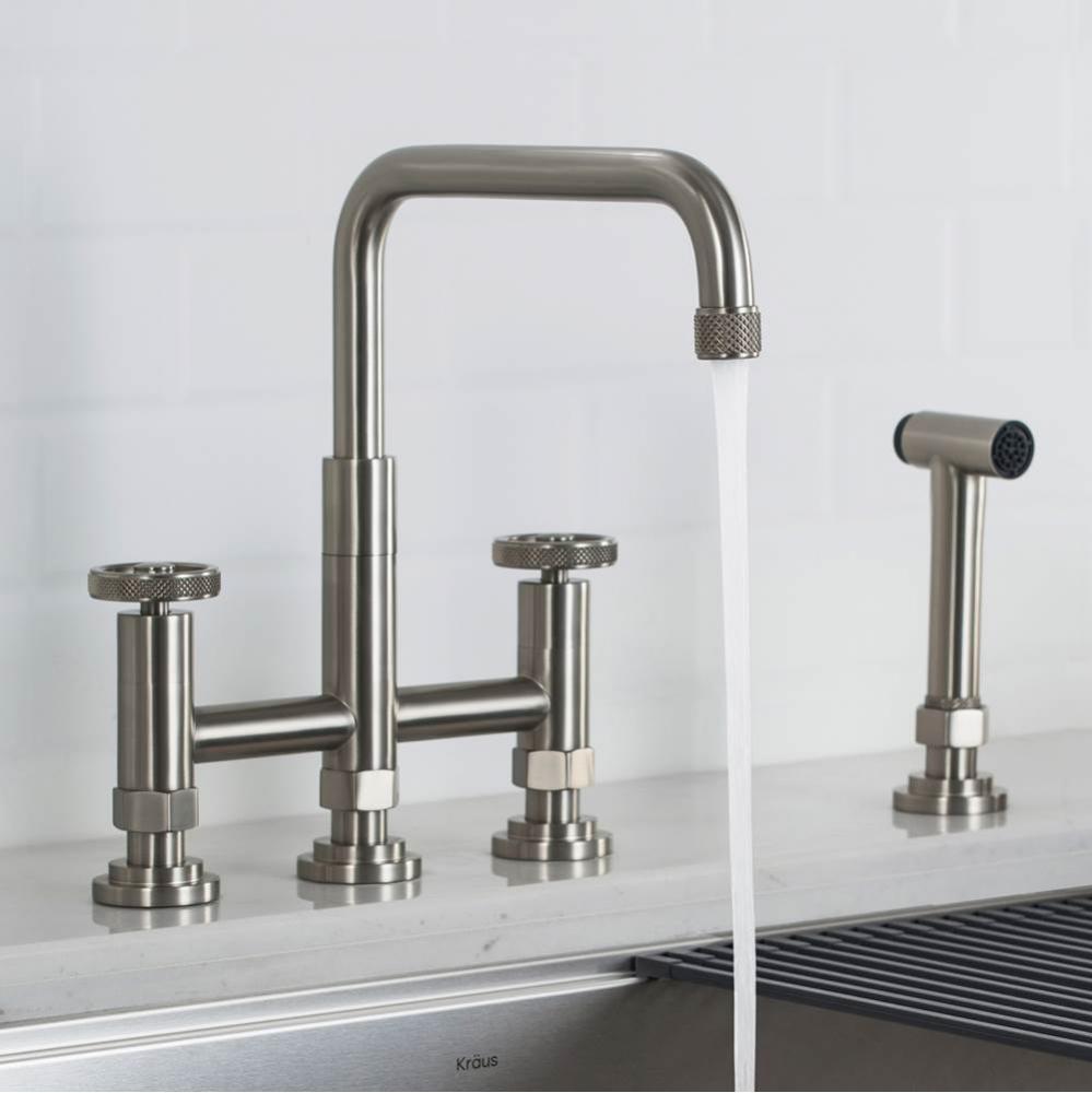 Urbix Industrial Bridge Kitchen Faucet with Side Sprayer in Spot Free Stainless Steel