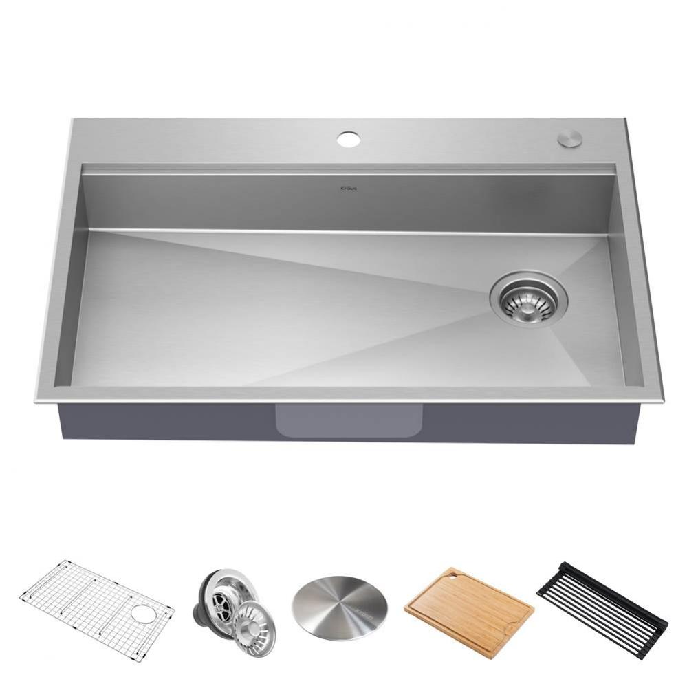 Kore ADA Workstation 33&apos;&apos; Drop-In Top Mount 16 Gauge Stainless Steel Single Bowl Kitchen