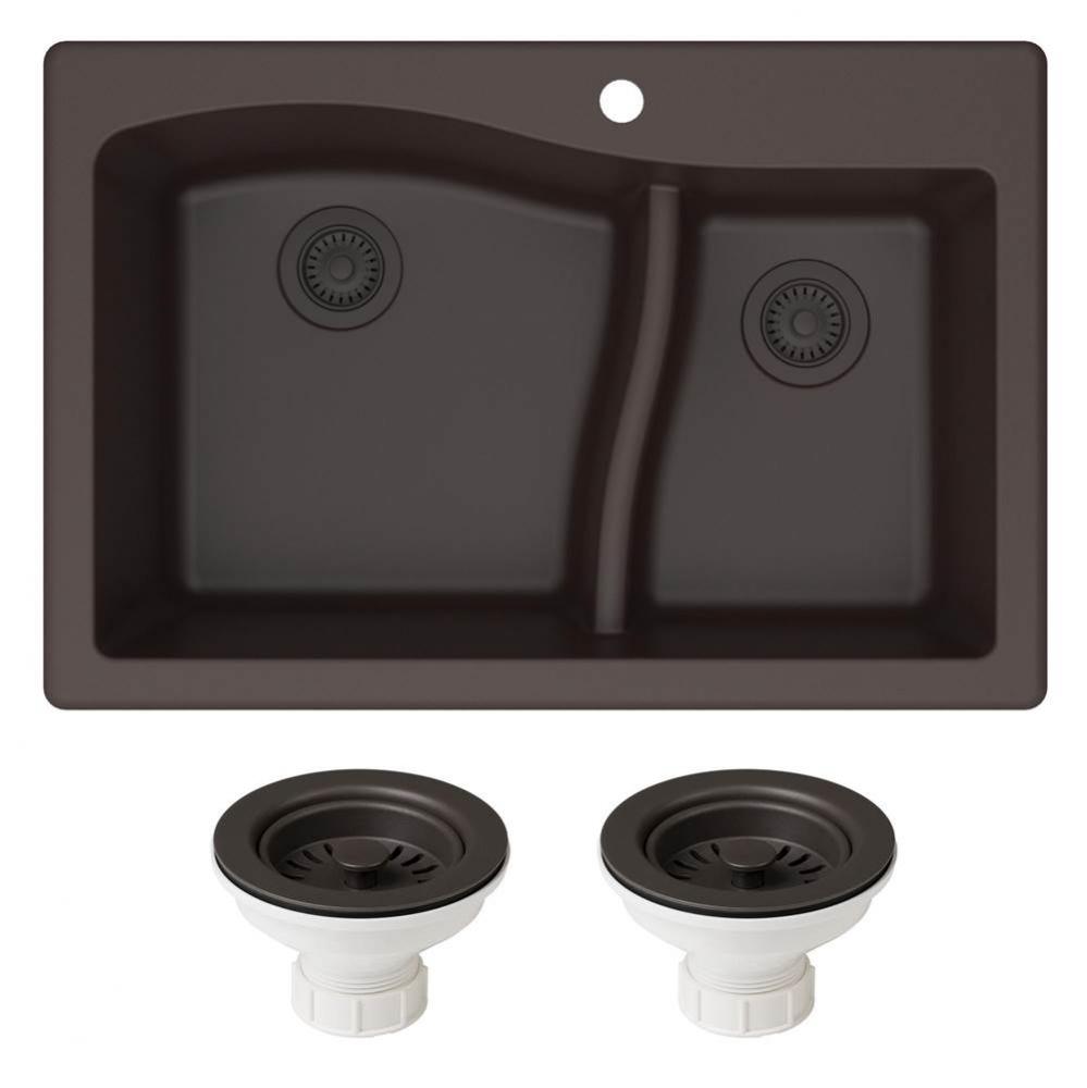 Quarza 33&apos;&apos; Dual Mount 60/40 Double Bowl Granite Kitchen Sink and Strainers in Brown