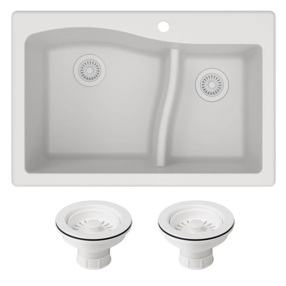 Quarza 33&apos;&apos; Dual Mount 60/40 Double Bowl Granite Kitchen Sink and Strainers in White